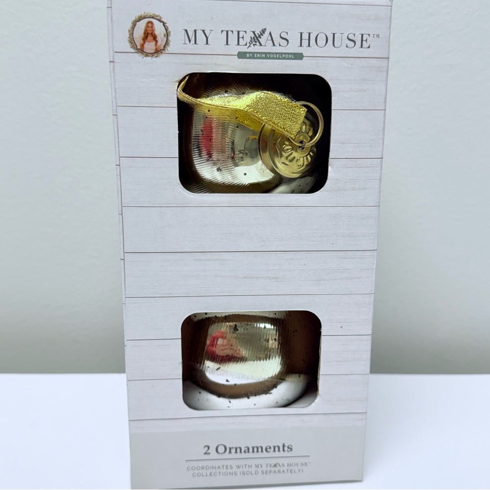 New! My Texas House Set of 2 Gold Ball Christmas Ornaments, 5”